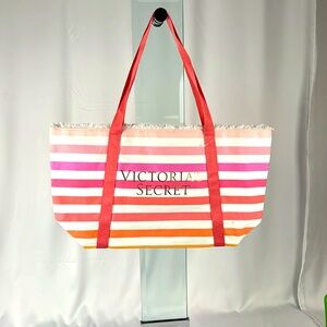 NWOT Victoria’s Secret Large Stripe Fringe Tote Bag Pink White Coral Orange